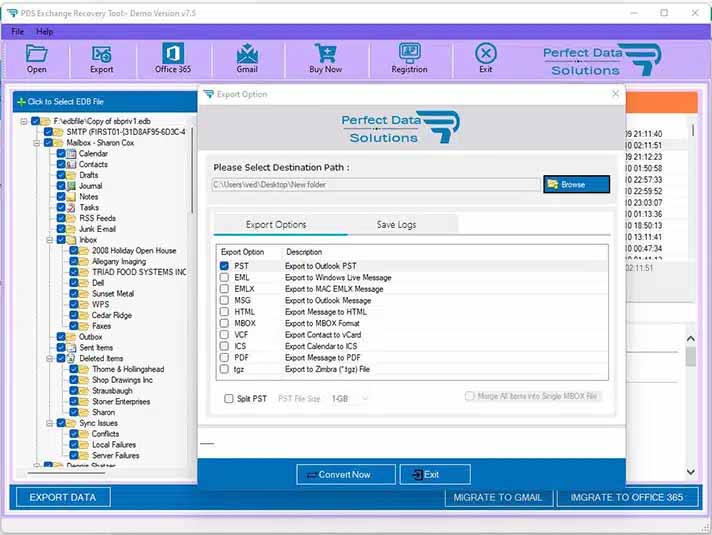 Export Option for Outlook PST Conversion